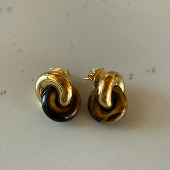 Monica Vinader x Kate Young Tiger's Eye Link Stud 18k Gold Vermeil Earrings - Picture 4 of 9